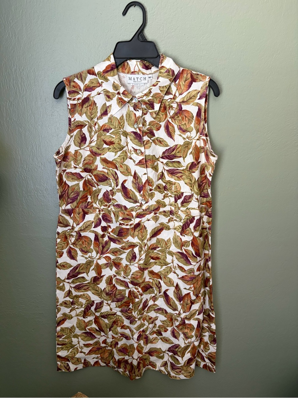 Match Linen Collared Sleeveless Button Up Dress Autumn Leaf Botanical Size 10